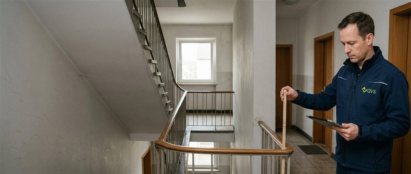 QVS-Prüfer bei der Begehung eines Treppenhauses